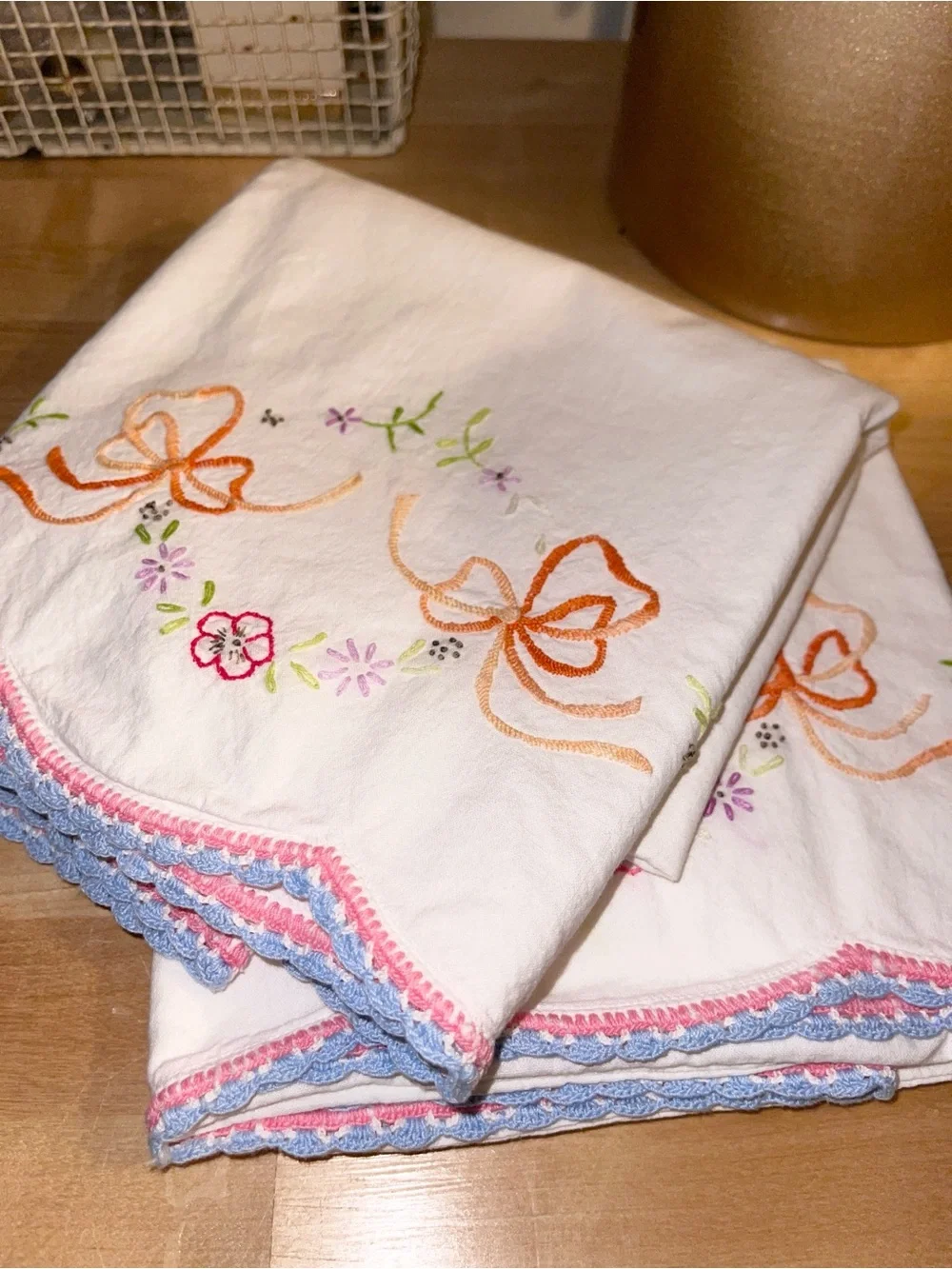 Vintage hand embroidered pillowcase set